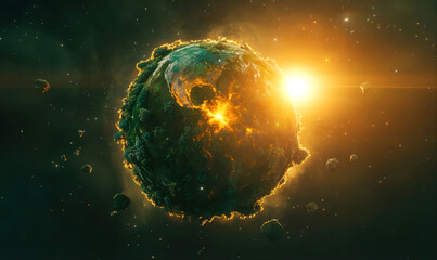 Fantasy Planet Apocalypse with Green Forest and Volcanic Magma Glow