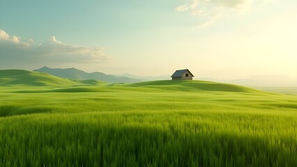 Peaceful Green Meadow Landscape with Wooden Cabin on Rolling Hills Under Soft Morning Light
