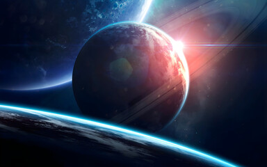 Cinematic Red Ringed Planet with Intense Sun Flare and Volumetric Cosmic Background