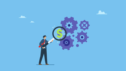 Businessman with magnifier dollar money from cog gear production. Cost effective, reduce cost and time to maximize better quality result, optimize cost and expense for better profit strategy.