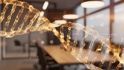 Golden DNA strand visualization in modern office space with blurred background, concept for genetic research, pharmaceutical development and biotechnology innovation - Powered by Adobe