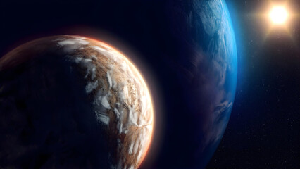 Cinematic Close-up of Two Exoplanets in Orbit with Asteroids and Sun Flare