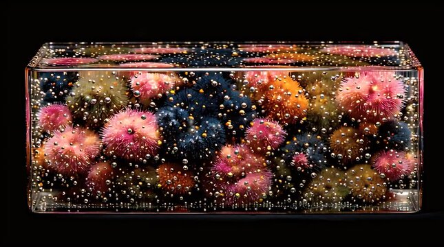 A transparent glass rectangular cube holding colorful, spiky, and globular organisms suspended in liquid, with water droplets falling in. The background is black