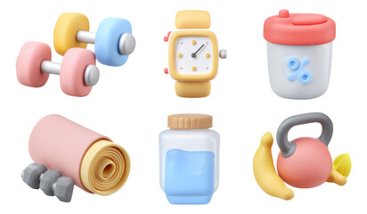 Soft Pastel 3D Illustration of Gym Essentials and Fitness Equipment Items