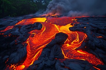 Molten lava flowing across dark volcanic rock