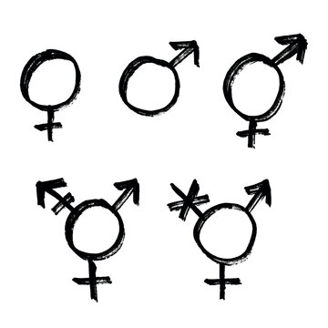 Set of hand drawn female, male, bigender and transgender gender identity sign Symbol used to represent sex and gender Single element for print, web, design, decor