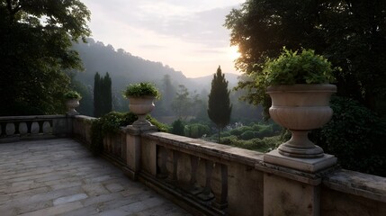 Obraz premium Serene dawn over a formal garden viewed from an ancient stone terrace with ornamental urns