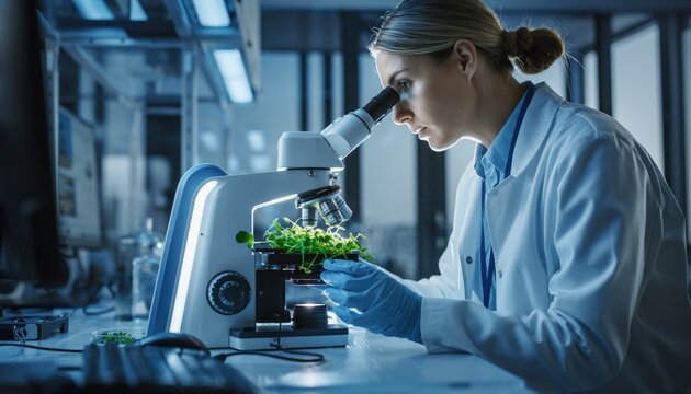 A professional woman scientist analyzing green plant samples through a microscope in a bright and modern research laboratory - Powered by Adobe