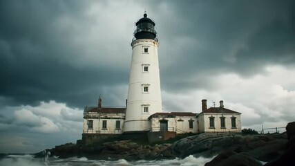 A tall, white lighthouse stands on a rocky coastline. Overcast skies and a turbulent sea surround the structure, creating a dramatic atmosphere