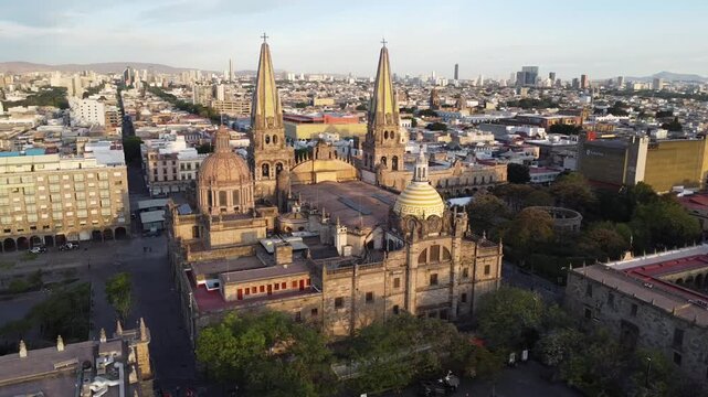 The light of dawn illuminates the cathedral in downtown Guadalajara.