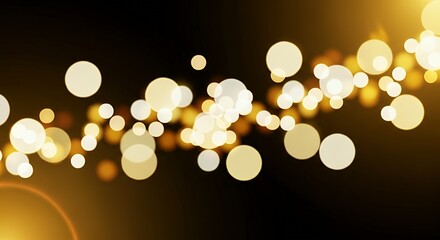 Warm glowing golden bokeh lights on dark background, elegant and festive illumination for abstract design. 

