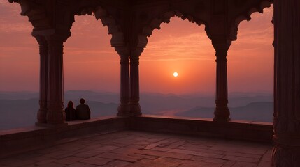 Obraz premium Couple watches a vibrant crimson sunset from an ornate stone balcony overlooking a majestic mountain landscape