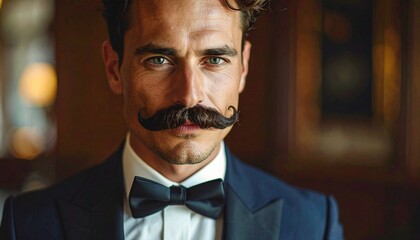 A dapper gentleman with a distinguished handlebar mustache and a sharp tuxedo, exuding timeless elegance and sophisticated charm in a captivating close-up portrait