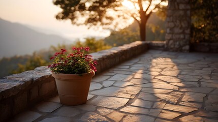 Obraz premium Scenic mountain viewpoint with blooming flowers in a pot at golden hour sunset