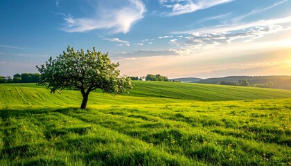 Serene landscape with a lone tree in a vibrant green field under a clear blue sky with sunrays