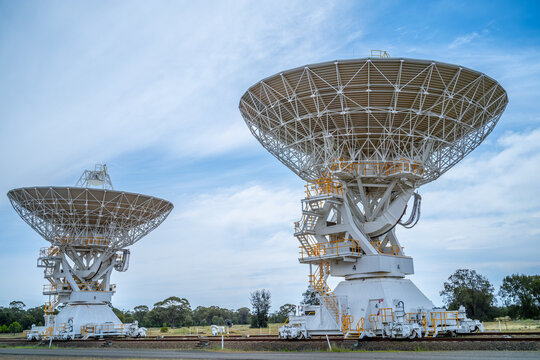 Radio telescope dishes at Narrabri in new south wales.  The Australian telescope compact array.