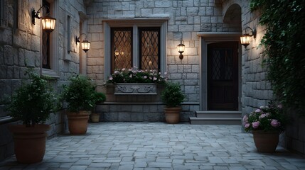 Fototapeta premium Elegant stone courtyard with potted flowers and ornate architectural details illuminated by warm lantern light at dusk