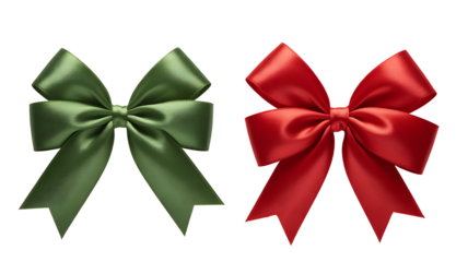 Green and red tied bow for gift package decoration isolated on transparent background. Set of ribbon tied bow as an element for your design.
