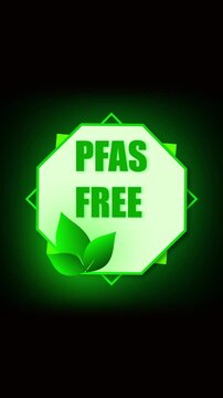 Green pfas free badge design for sustainable branding vertical video. Organic product with pfas free green label animation vertical video. Eco friendly pfas free certification emblem motion.