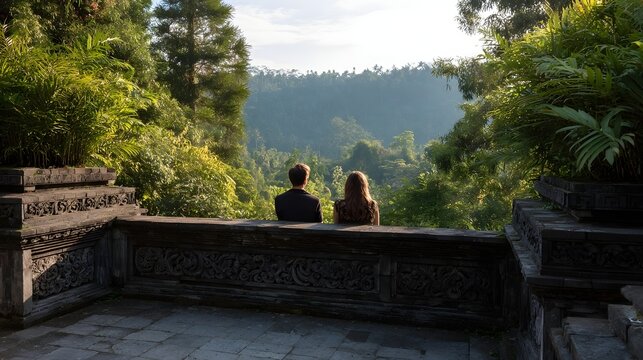 Couple enjoys a serene morning view of a lush green valley from an ornate stone terrace