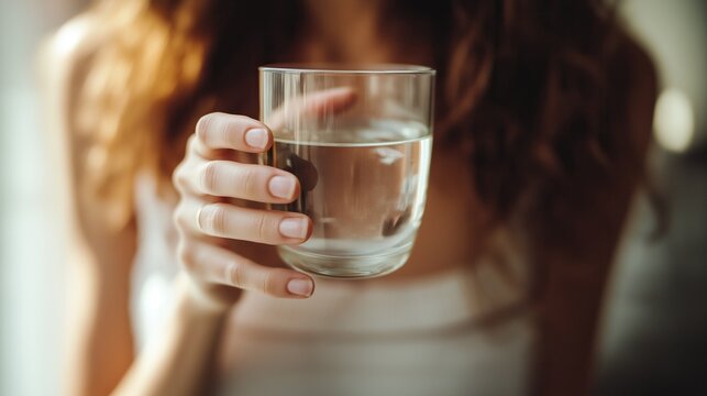 Woman’s hand holding glass with water against blurred background, representing health and wellbeing through drinking fresh clear water - Powered by Adobe