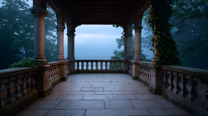 Obraz premium Serene stone veranda with ornate columns and balustrade overlooking a misty landscape at twilight