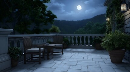 Obraz premium A serene stone patio at night offers a tranquil view of moonlit mountains and lush greenery