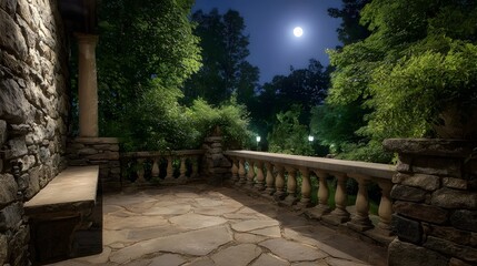 Obraz premium Serene stone patio under the moonlight with lush garden views and elegant balustrade