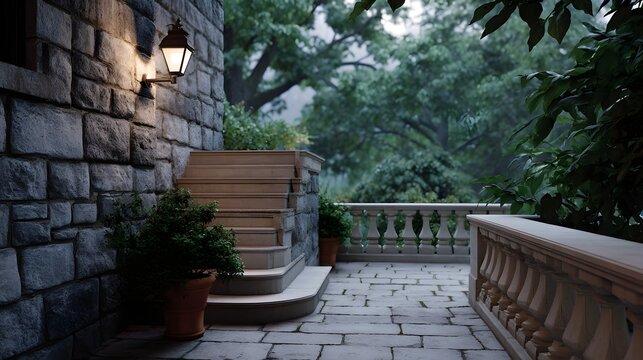 Elegant stone steps and masonry patio leading to a serene garden softly lit by a vintage outdoor lamp creating a tranquil twilight atmosphere - Powered by Adobe