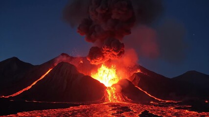 Dramatic night eruption of fiery hot volcano spilling molten lava across mountainside landscape. - Powered by Adobe