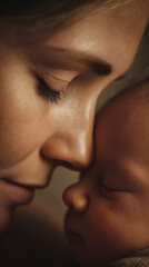 Obraz premium A Mother's Gentle Embrace: A tender moment of maternal love is captured as a mother cradles her newborn, her face pressed softly against the baby's in a gesture of profound affection and protection.