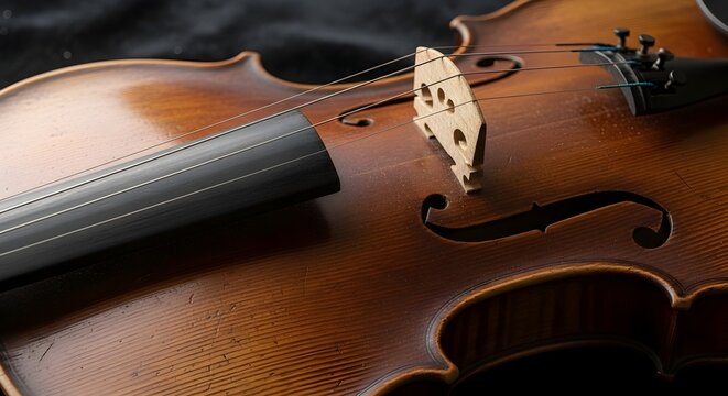 An artistic close-up of a classic wooden violin, highlighting the intricate details of the bridge, strings, and polished wood on a dark background