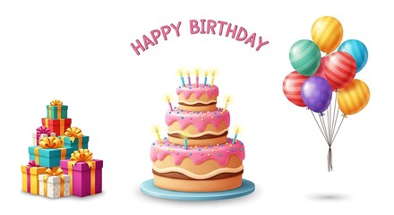 Birthday Cake with Candles, Gift Boxes, and Balloons on White Background