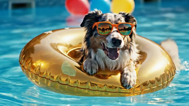 Joyful Australian Shepherd dog floats in pool on a golden inflatable ring wearing sunglasses, concept for summer vacation vibes, pet product advertising and fun lifestyle content