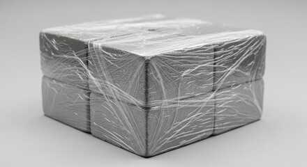 Tightly wrapped silver foam blocks covered in stretched plastic film on neutral background, minimalist packaging concept emphasizing protection, sealing and industrial shipping material