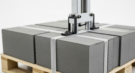 Tightly strapped gray concrete blocks on wooden pallet secured with automated industrial packaging machine in warehouse logistics and construction material handling setting