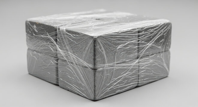 Tightly wrapped silver foam blocks covered in stretched plastic film on neutral background, minimalist packaging concept emphasizing protection, sealing and industrial shipping material