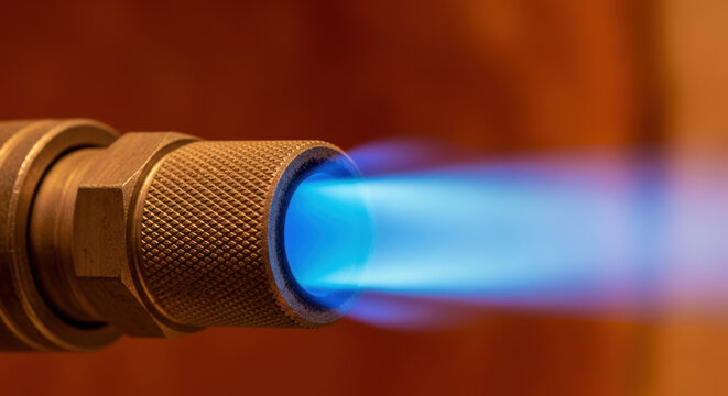 Intense blue propane torch flame heating metal nozzle closeup macro detail against warm blurred background, concept of industrial work, welding, soldering and high temperature energy