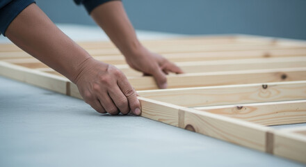 Careful carpenter aligning wooden frame on concrete floor, closeup of skilled hands measuring lumber beams during construction project, focus on precision craftmanship