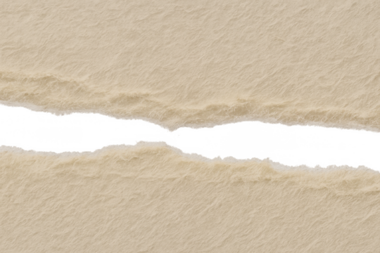 Torn beige paper strip with rough edges creating a horizontal gap revealing a transparent background for copy space