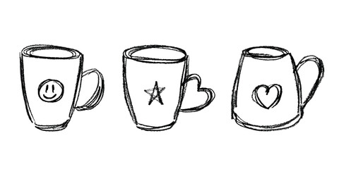 Set of cute hand drawn cup of tea or coffee Simple mug clipart Cozy home doodle Single element for design