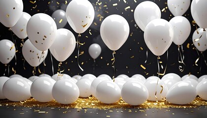 A festive celebration unfolds with a multitude of white balloons and shimmering gold confetti against a dark background creating an atmosphere of joy and excitement