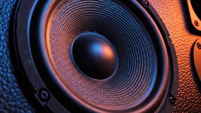 Close-up on the textured black subwoofer cone with a metallic surround under dramatic orange and blue lighting, concept for music production, audio engineering and sound system promotion