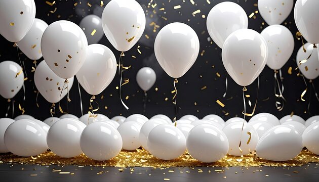 A festive celebration unfolds with a multitude of white balloons and shimmering gold confetti against a dark background creating an atmosphere of joy and excitement