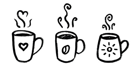 Set of cup of tea or coffee with rising steam Simple mug clipart Cozy home doodle Single element for print, web, design, decor