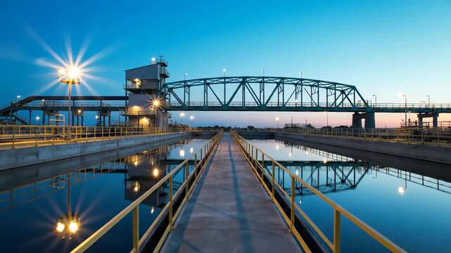 Modern water treatment facility operations at beautiful twilight with reflective blue water.