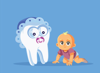 Infant and Baby Tooth with Pacifier Vector Concept Illustration. Cute and adorable infant growing primary teeth 

