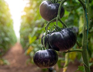 A cluster of dark, almost black tomatoes ripening on vine in a greenhouse