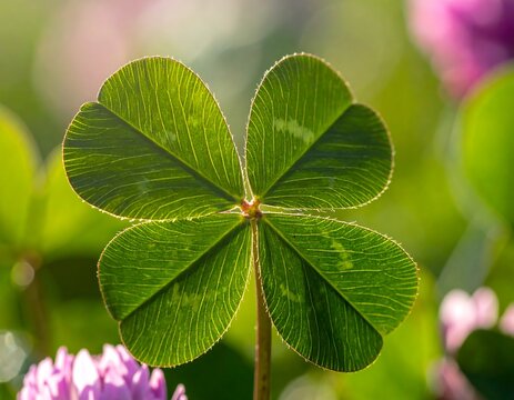 A close-up view of a four-leaf clover illuminated by sunlight