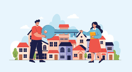 Fototapeta premium Man hands a large key to a woman in front of a row of colorful houses.